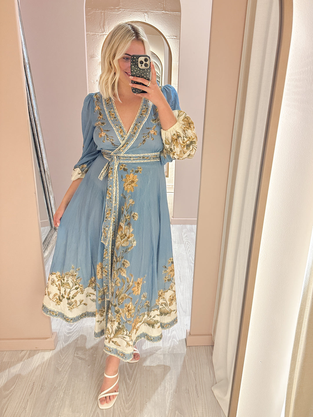 chintz wrap midi dress from zimmermann Zimmermann - The Chintz Wrap Midi Dress in Blue Daisy Floral