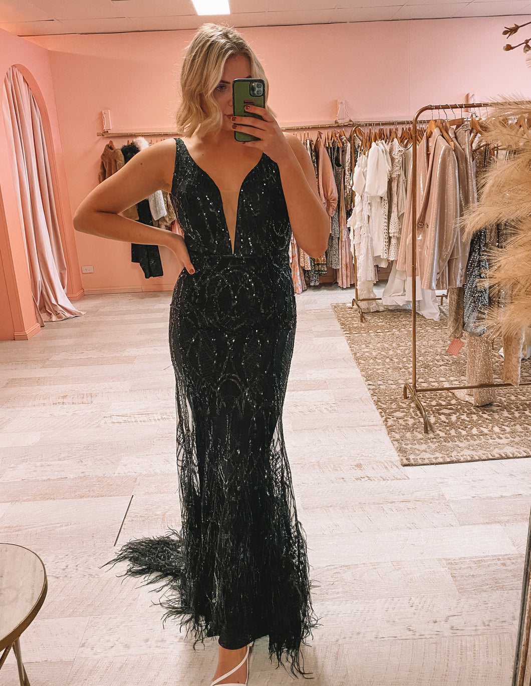 Alamour The Label - Filippa Black Sequin Feather Gown (Size 8)