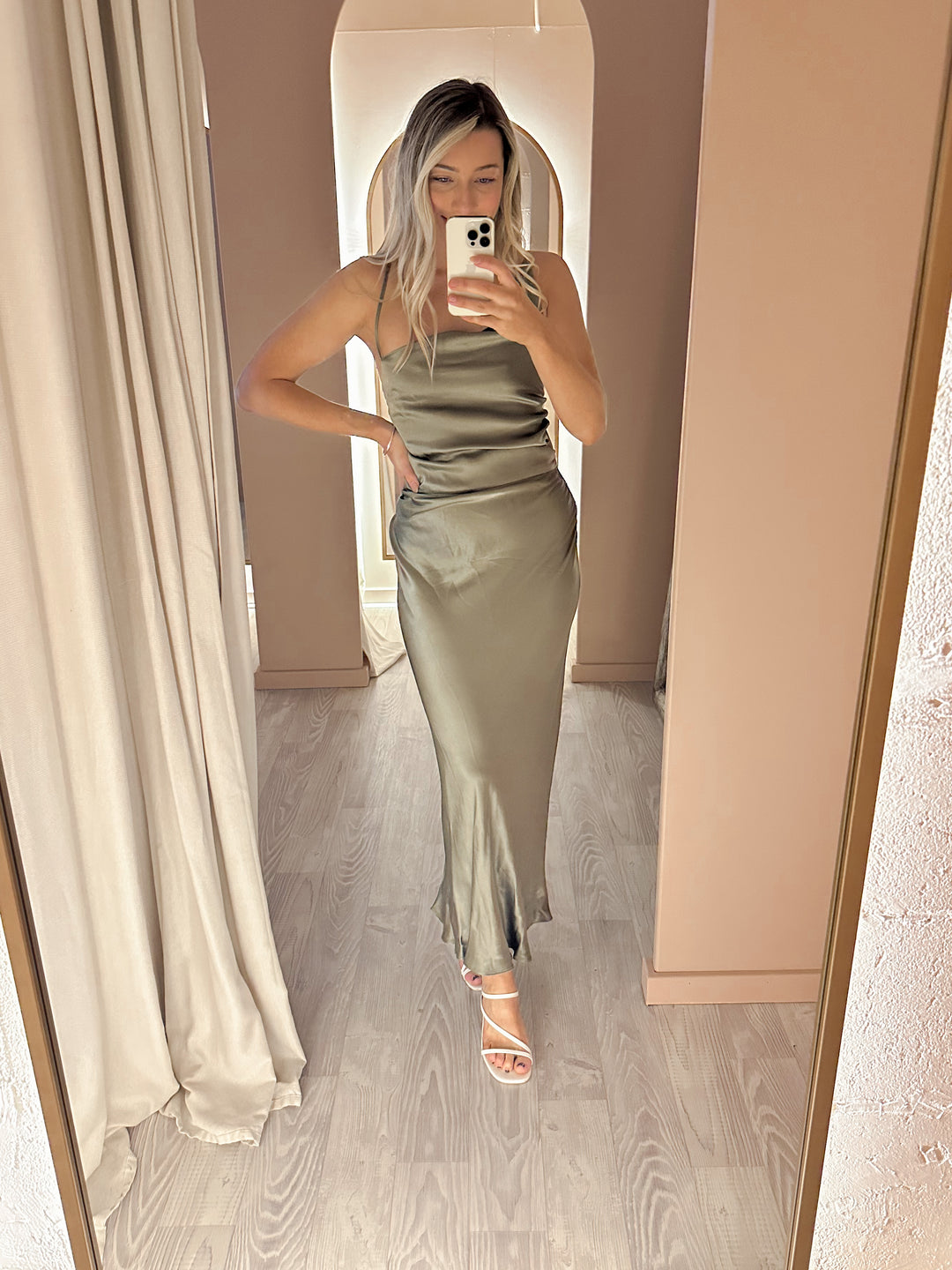 Shona Joy - La Lune Asymmetrical Bias Cowl Midi Dress Sage (Size 12) Goldie's - Designer Dress Hire Shona Joy - La Lune Asymmetrical Bias Cowl Midi Dress Sage (Size 12) Goldie's - Designer Dress Hire