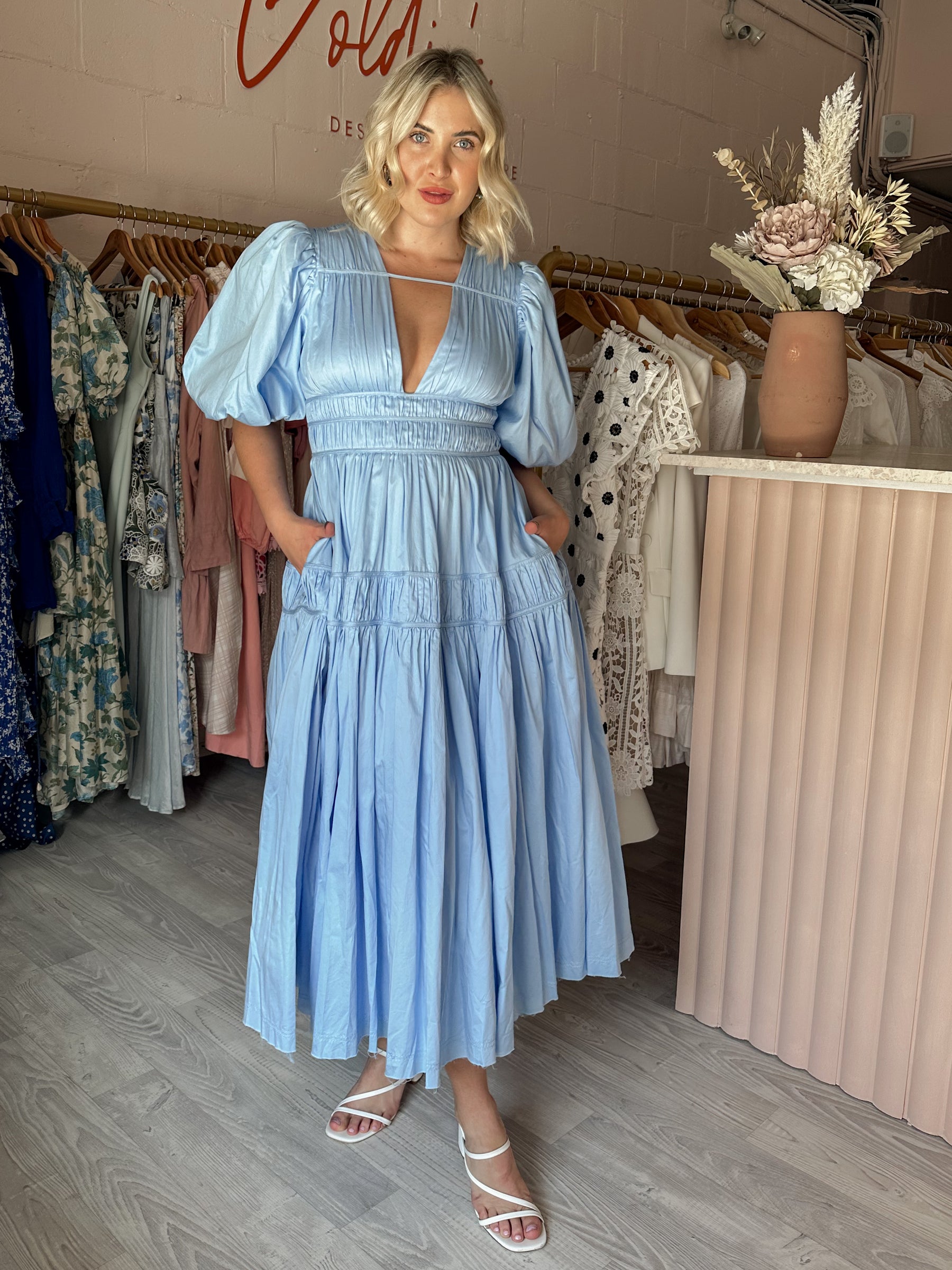 Aje - Fallingwater Gathered Midi Dress (Size 8-12) Aje - Fallingwater Gathered Midi Dress (Size 8-12)