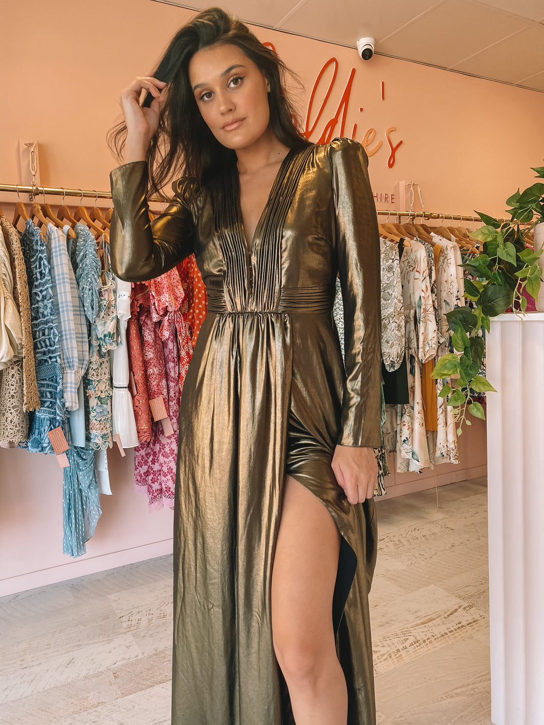 Rachel Zoe -Rosalee Gold Foiled Dress (Size 2)