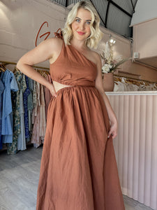 By Nicola - Gabriella One Shoulder Midi Dress Desert (Size 12)