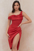 Load image into Gallery viewer, House of CB - Red Asymmetric Drape Mini Corset Dress (Medium)