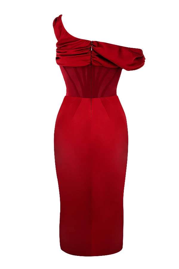 House of CB - Red Asymmetric Drape Mini Corset Dress (Medium)