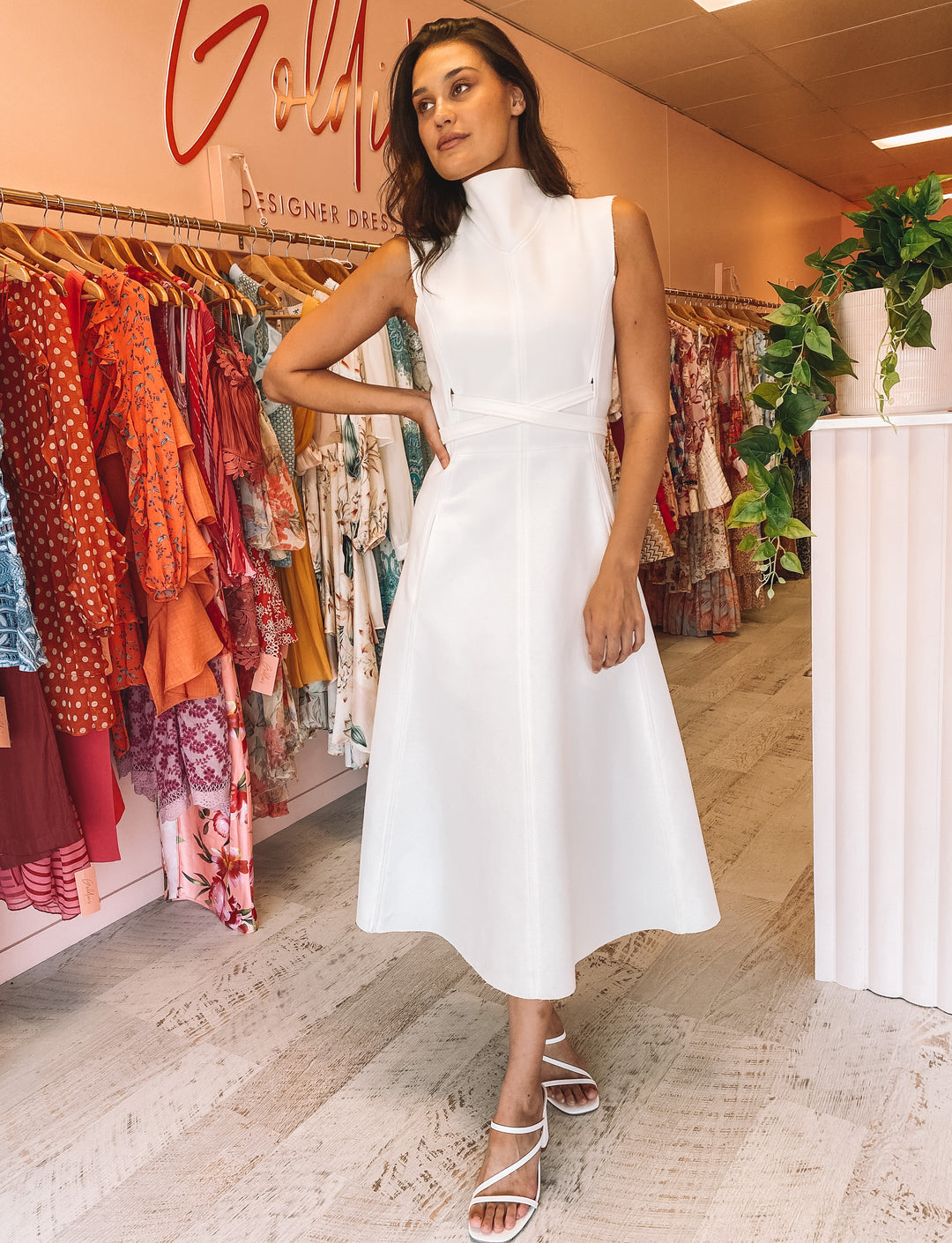white high neck midi dress Karen Gee - White High Neck Midi Dress (Size 8/10) – Goldie's