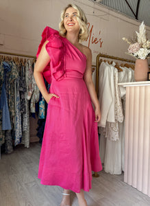 Aje - Bonjour One Shoulder Midi Dress Fuschia (Size 12-16)
