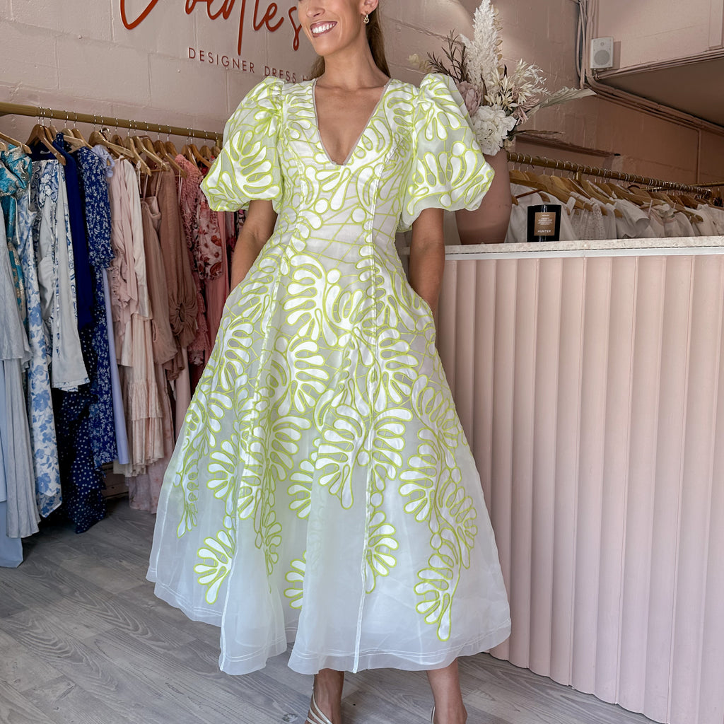 aje botanical trim midi dress Aje - Botanical Applique Midi Dress (Size 8) – Goldie's