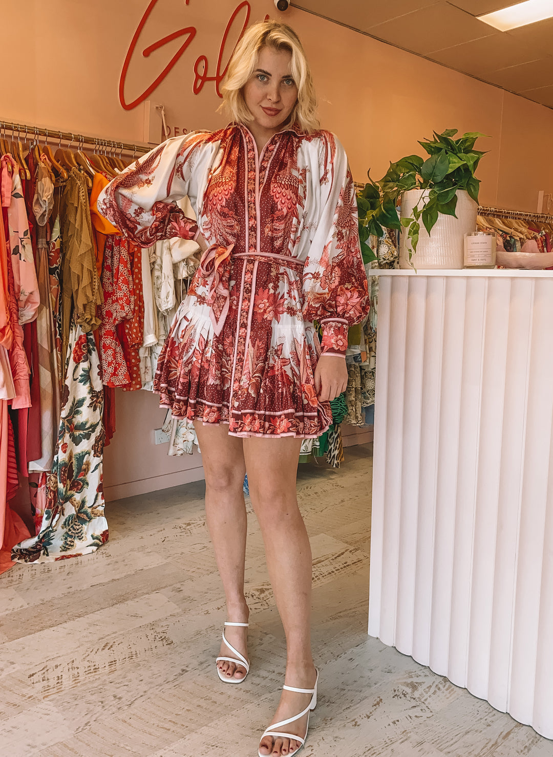 Zimmermann - Wavelength Placement Floral Red Silk Mini Dress (Size 8/14)