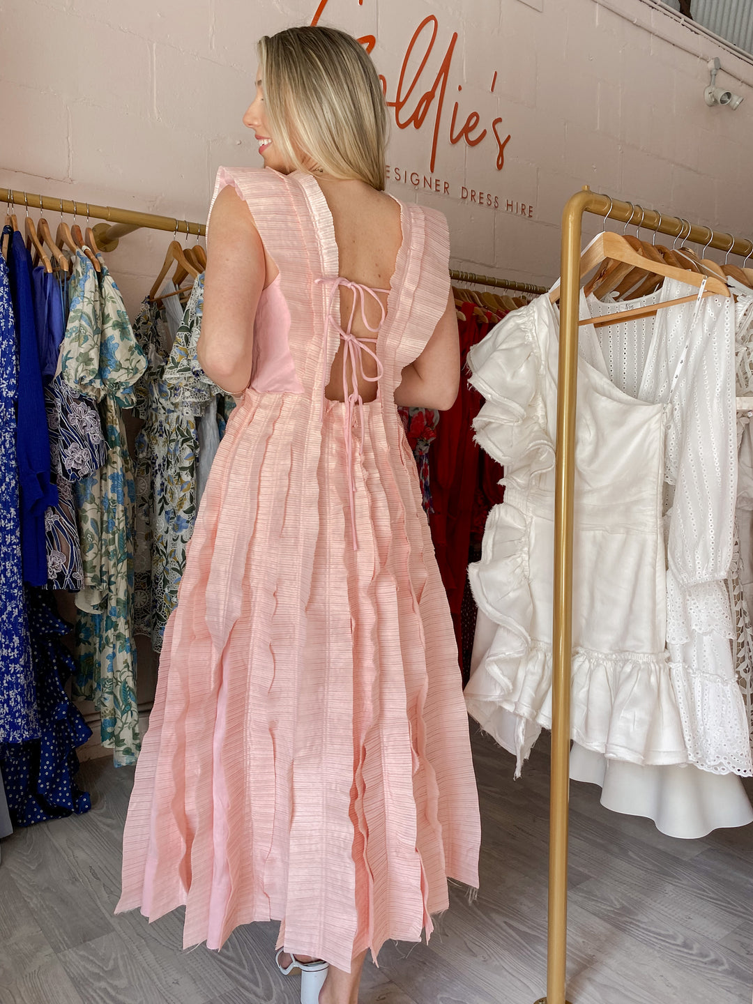 aje hybrid midi dress pink PRETTY IN PINK Aje 'Hybrid Midi Dress' in Dusty Pink This feminine silhouette is perfect for your next event Photo Credit: @sophie.tieman