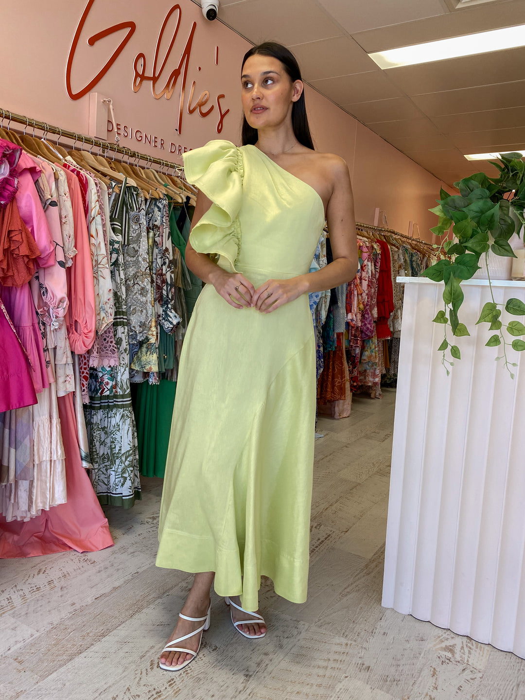 Aje - Bonjour Asymmetric Midi Dress Lime Green (Size 10) Goldie's - Designer Dress Hire Aje - Bonjour Asymmetric Midi Dress Lime Green (Size 10) Goldie's - Designer Dress Hire