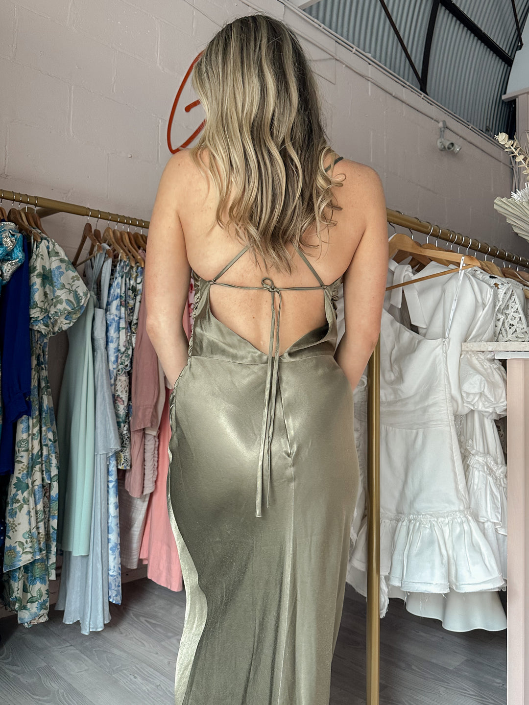 Shona Joy - La Lune Asymmetrical Bias Cowl Midi Dress Sage (Size 12) Shona Joy - La Lune Asymmetrical Bias Cowl Midi Dress Sage (Size 12)