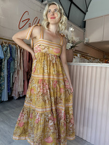 Zimmermann - Pattie Tie Shoulder Dress Mustard Floral (Size 3)