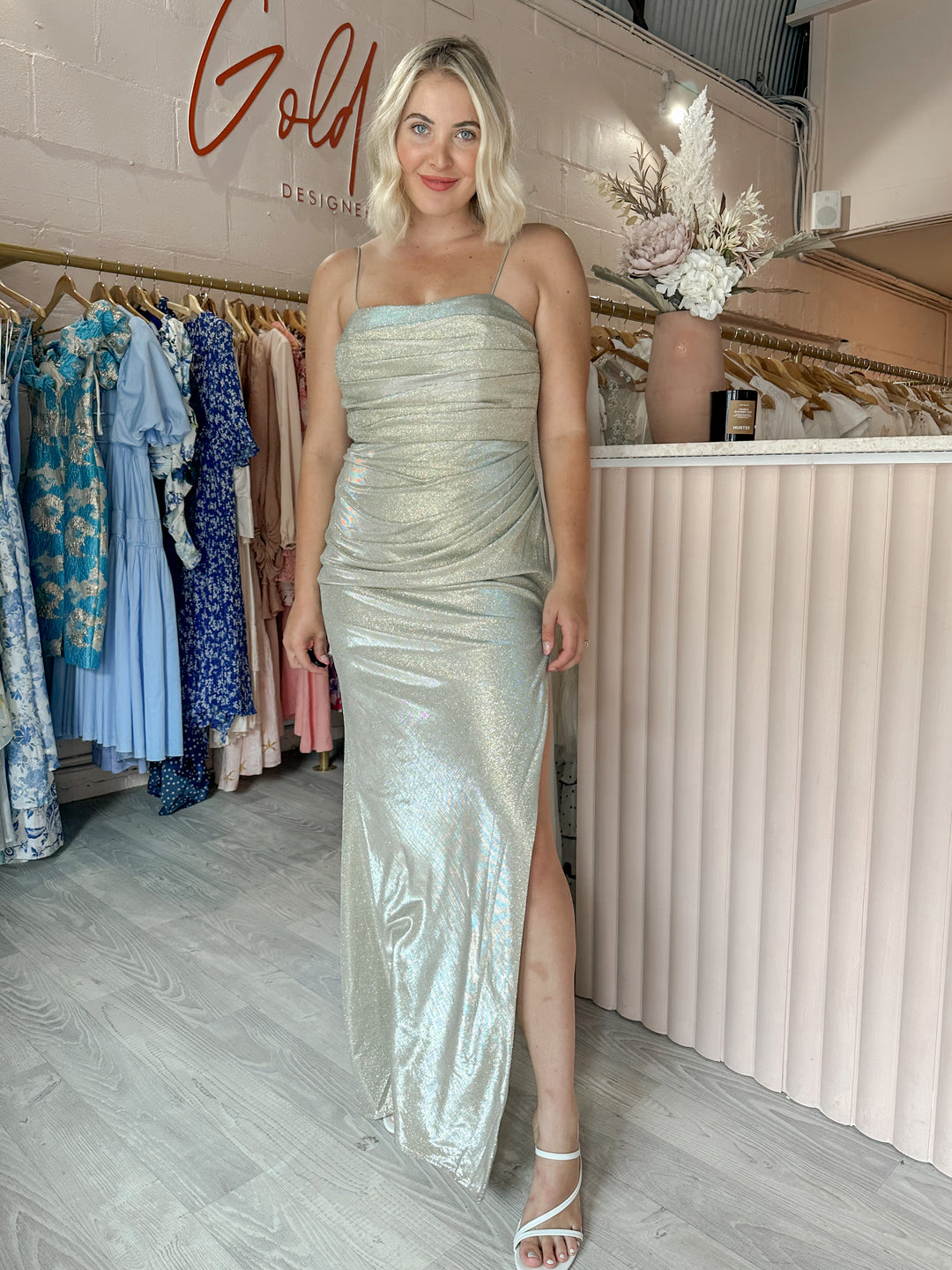 Jadore - Shimmery Sage Gown (Size 12) Goldie's - Designer Dress Hire Jadore - Shimmery Sage Gown (Size 12) Goldie's - Designer Dress Hire