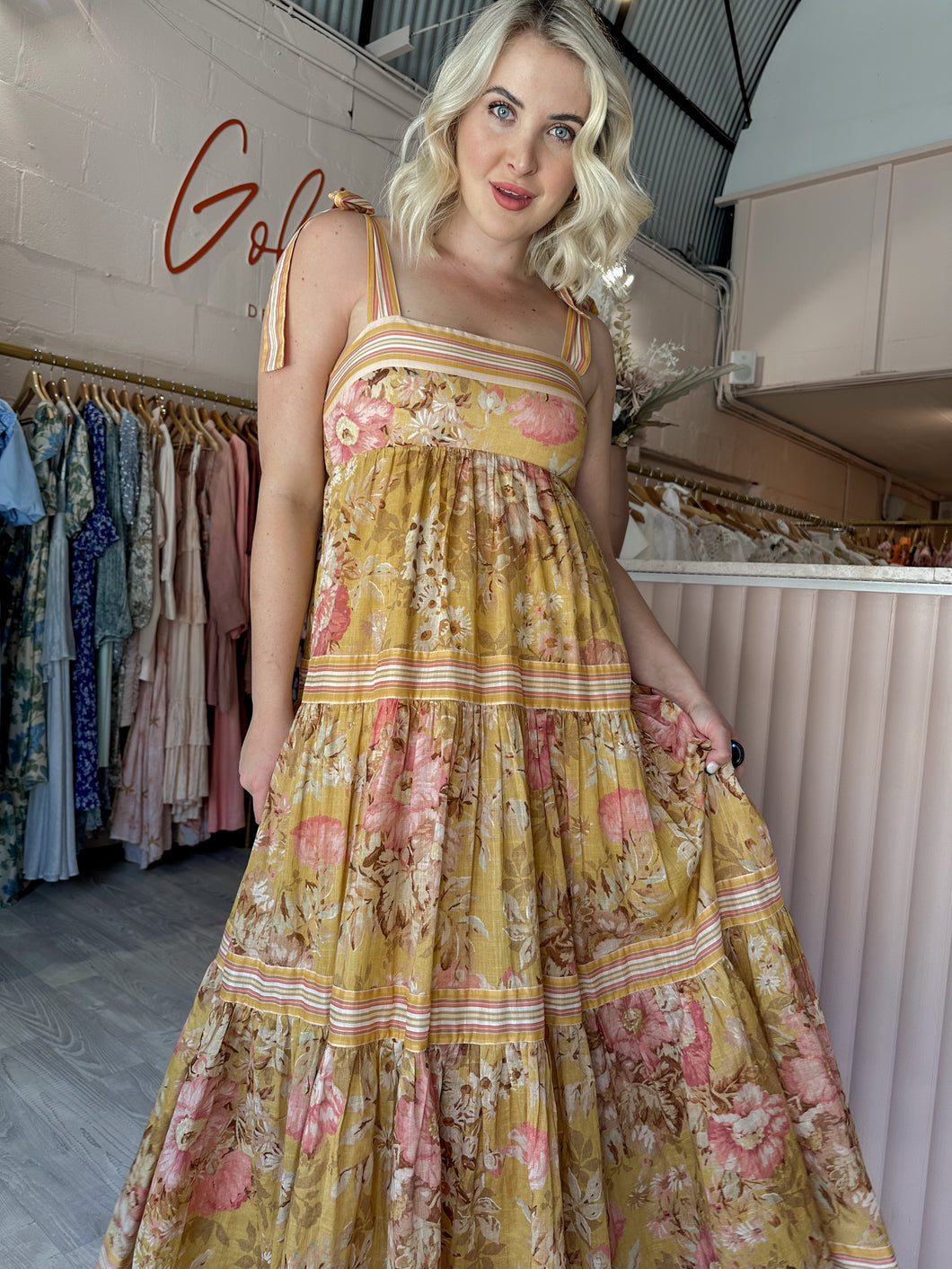 Zimmermann - Pattie Tie Shoulder Dress Mustard Floral (Size 3)