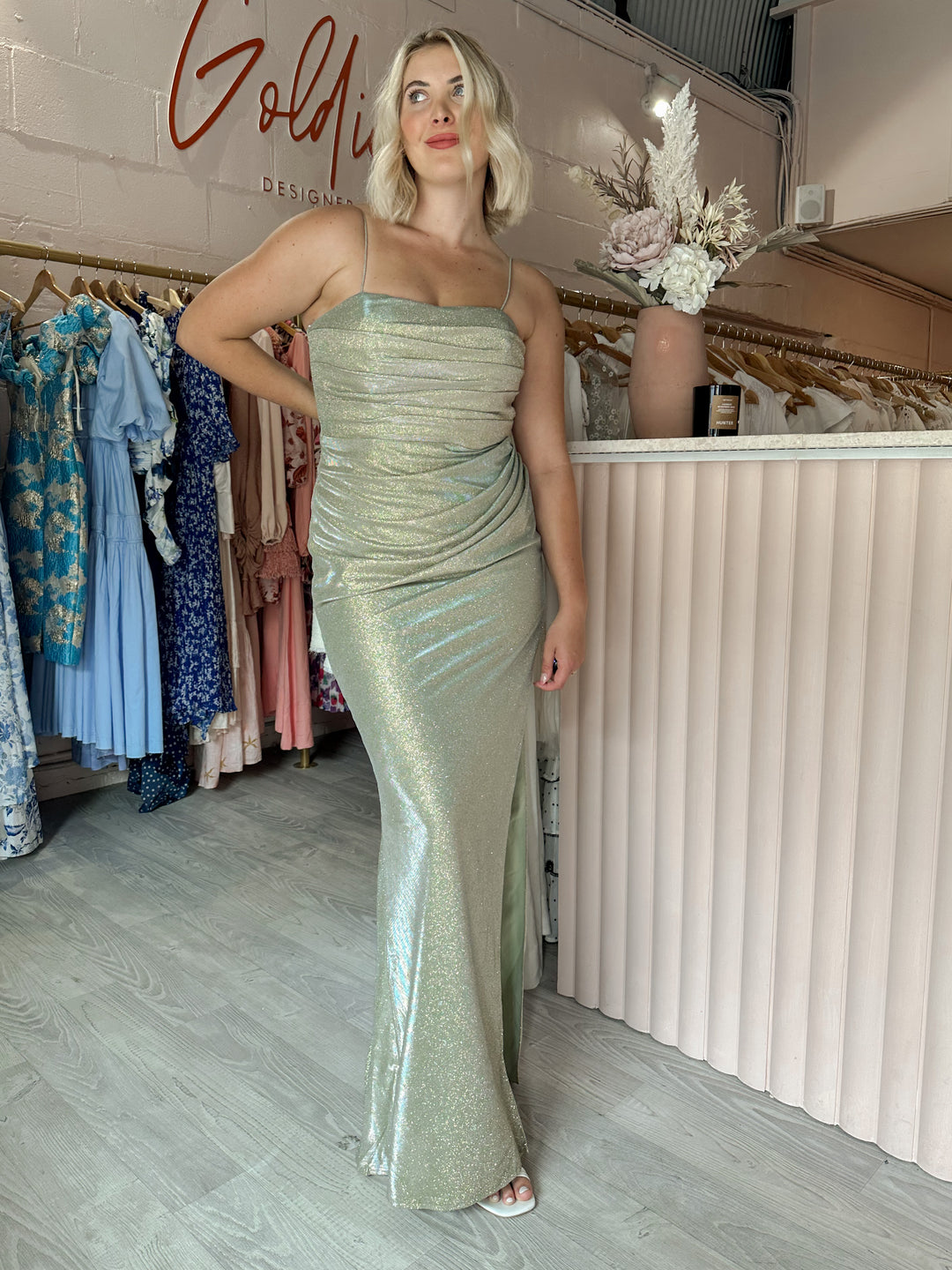Jadore - Shimmery Sage Gown (Size 12) Goldie's - Designer Dress Hire Jadore - Shimmery Sage Gown (Size 12) Goldie's - Designer Dress Hire