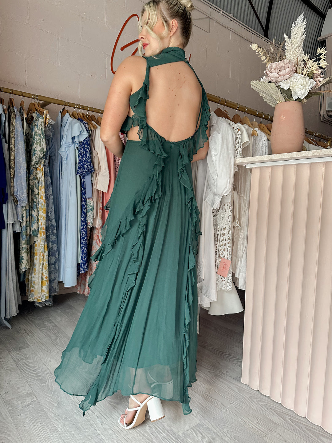 Shona Joy - Leonie Backless Frill Maxi Dress Rosemary (Size 12) Goldie's - Designer Dress Hire Shona Joy - Leonie Backless Frill Maxi Dress Rosemary (Size 12) Goldie's - Designer Dress Hire